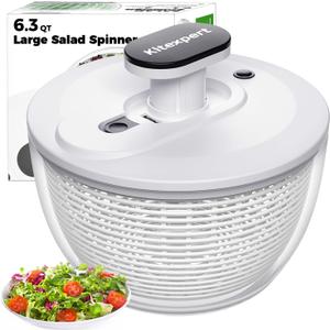 Kitexpert Effective Large Salad Spinner 6.3 Qt,Easy to use pro Pump Spinner with Bowl, One-Handed Pump Dishwasher Safe Multiple Use Spinner-Black (Black/White)