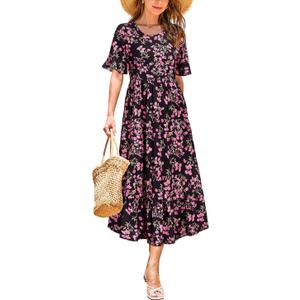 STYLEWORD Women's Summer 2026 Casual Short Sleeve Tiered Flowy Spring Dress Long Midi Beach Sundress Vacation Outfits, Black Pink Floral, Size M