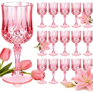 Ciaell 24PCS Pink Plastic Wine Glasses - 7 Oz Plastic Goblets for Party - Pink Vintage Drinking Glasses - Disposable Water Goblets Set for Wedding, Bar, Wine, Cocktail, Whiskey & Mother's Day