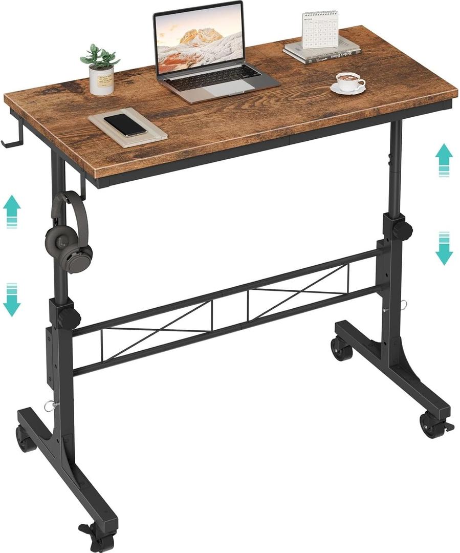 Small Portable Rolling Standing Desk - 32 Inch Adjustable Height Mobile Stand Up Desks with Wheels for Treadmill Walking Pad, Teacher Podium for Classroom, Couch Sofa Side Laptop Table, Rustic Brown (31.5)