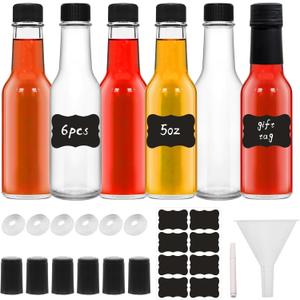 6Pcs 5oz Glass Bottle, Clear Woozy Bottles with Shrink Capsules,Empty Small Beverage Canning Bottles with Black Caps for Kitchen and Party (BLACK, 6)