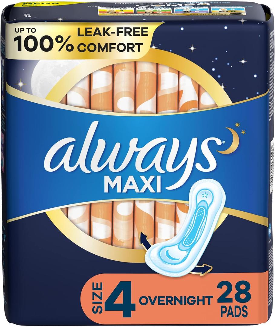 Opened Always Maxi Overnight Pads with Wings for Women, Size 4, Overnight Absorbency, Unscented, 28 Count