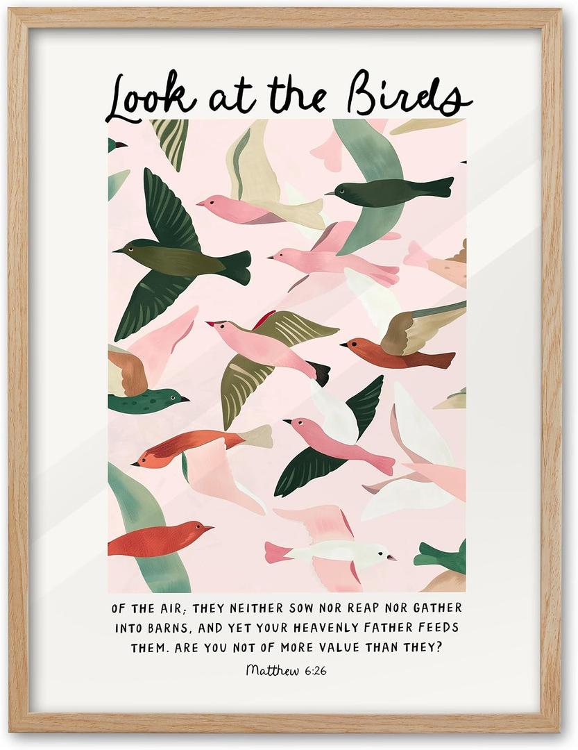 EcoHest Large 16x20in OAK Wood Framed Wall Art, Look at the Birds of the Air Bible Verse Matthew 6, Christian Scripture Modern Canvas Wall Decor for Bedroom Living Bathroom Religious Gift 1 Pack