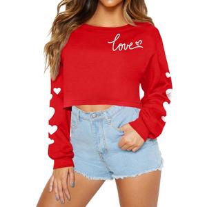 Women's Valentine's Day Cute Long Sleeve Tops Love Script Graphic Cropped Sweatshirts Romantic Heart Sleeve Pullover S (Red, S)
