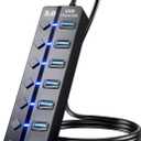 USB 3.0 Hub, PANPEO 7-Port USB Data Hub Splitter with 3ft Long Cable USB Extension for Laptop,PC Computer,Surface Pro, PS4/5, Flash Drive, Mobile HDD - with LED Individual On/Off