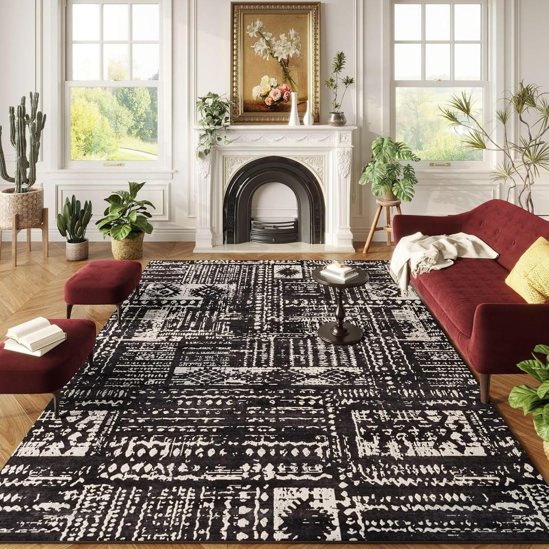 Rugcomf Area Rugs 8x10 Rug for Living Room Clearance Washable Boho Area Rug Non Slip Moroccan Vintage Low Pile Large Rug for Living Room, Bedroom, Farmhouse, Dining Room, Kids Playroom(Black)