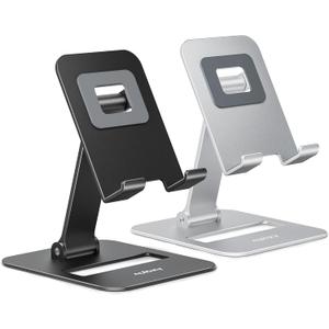 Nulaxy 2 Pack Dual Folding Cell Phone Stand, Fully Adjustable Phone Holder for Desk, Compatible with Phone 16 15 14 13 12 11, Nintendo Switch, All Phones, Black & Silver