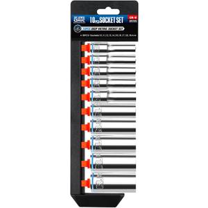 10PCS 1/2 Drive Deep Socket Set, Metric (10mm-19mm), 6-Point, Cr-V Steel, Chrome Plated Socket With Hanging Bracket, Cover Most Commonly Sizes