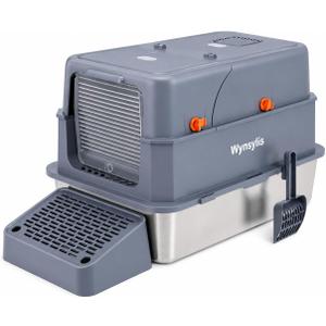 Extra Large Stainless Steel Cat Litter Box with Lid, Front Entry