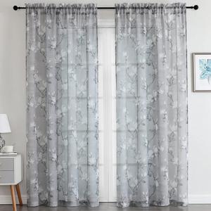 SMILE WEAVER Grey Sheer Curtains 45 inch Length for Living Room,Light Filtering Curtain for Bedroom,Linen Textured Floral Semi Sheer Curtain Rod Pocket Window Drapes for Kitchen,2 Panels