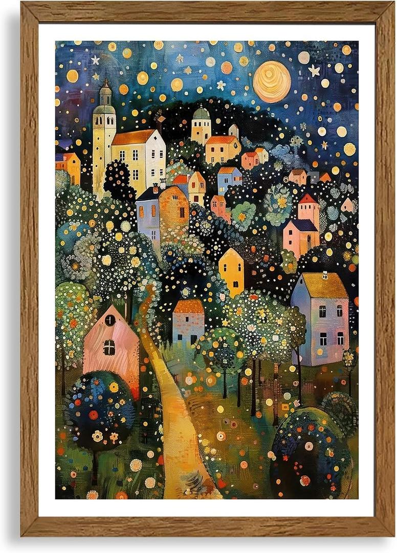 AVECCO Gustav Klimt Style Village Night Wall Art Framed Canvas 20x30 inch