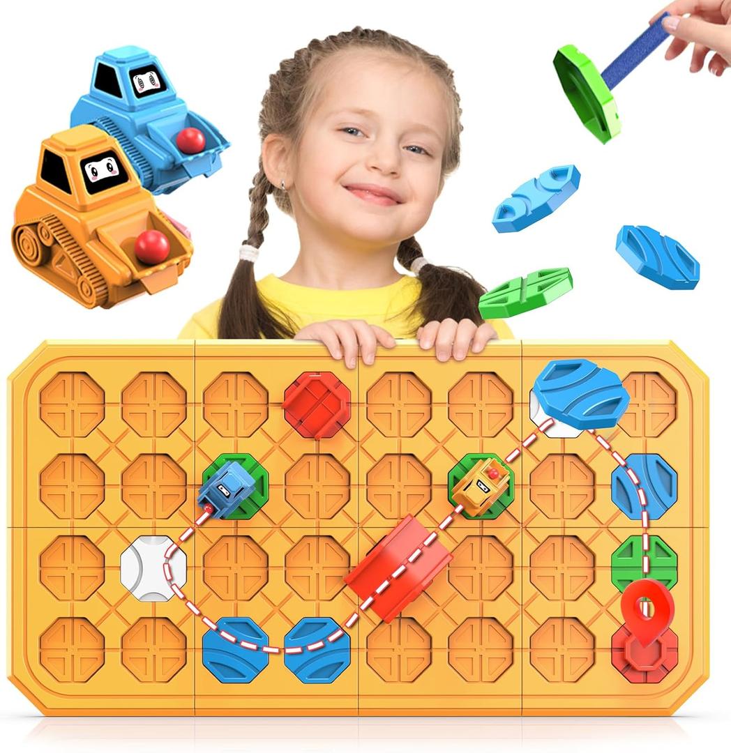 STEM Logic Road Builder Toys: Board Games Toys for 5 Year Old Kids, Montessori Brain Teaser Puzzles Educational Learning Activities Toy for Kid Ages 3 4 6-8 12 Boys Girls Gifts (Orange 32PCS)