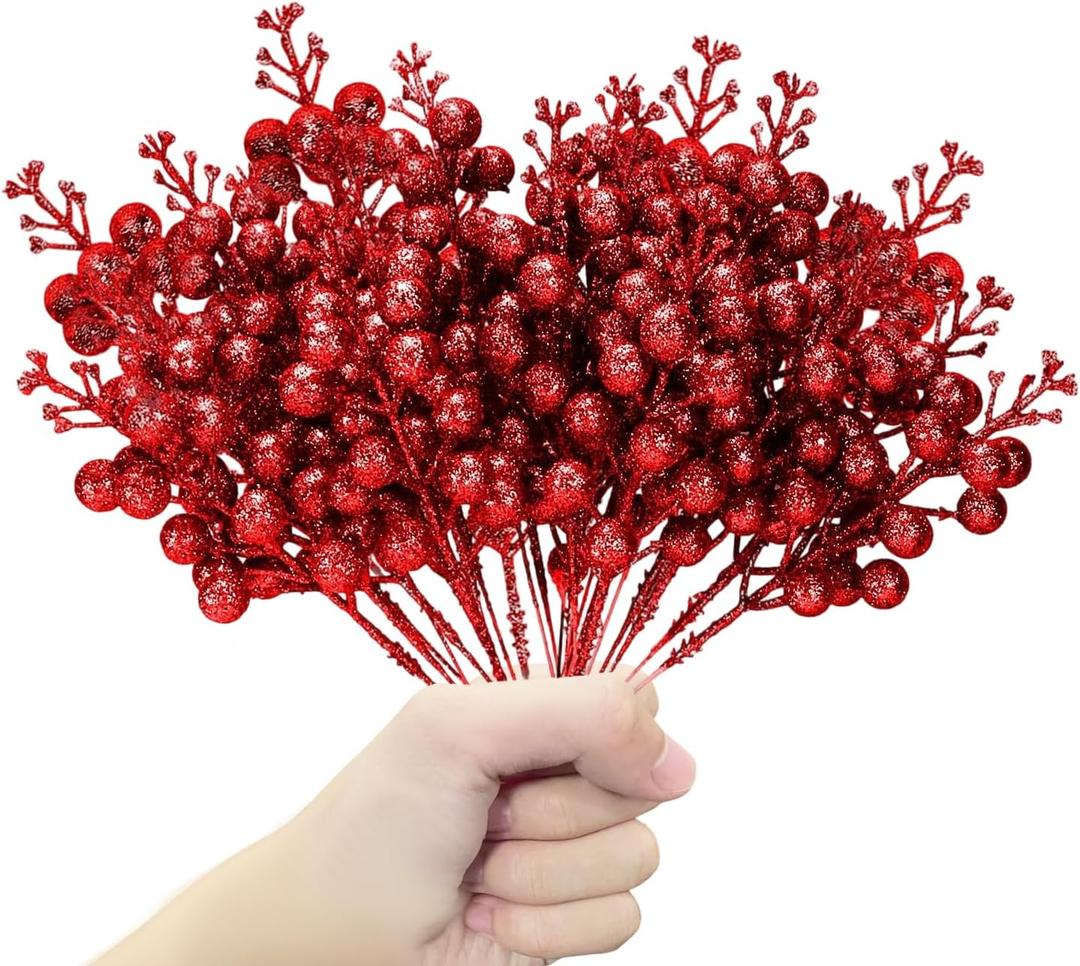 24 Pack Christmas Glitter Berries Stems, 8.5 Inch Artificial Christmas Picks, Berry Branches for Christmas Tree Ornaments, DIY Wreath, Crafts, Holiday and Party Decor (Red)