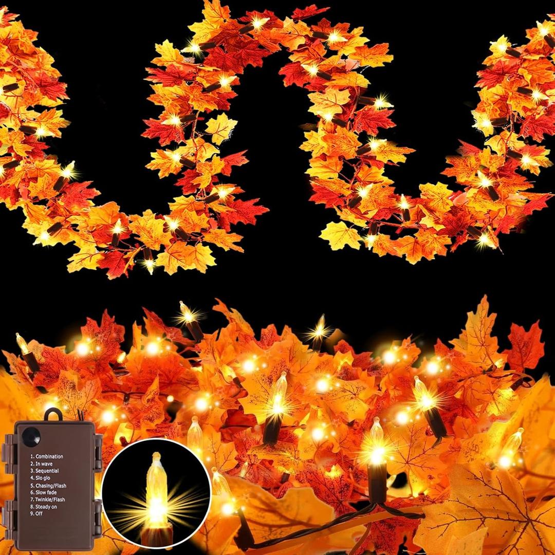 2Pack Fall Garland with Lights Battery Operated,Tatal 20Ft 100 LED Fall Decorations for Home with Orange Bulbs,Fall Lighted Garland for Table Porch Thanksgiving Harvest Halloween Indoor Outdoor Dcor