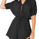 Fixmatti Women Summer Romper - Self Tie V Neck Casual Jumpsuit (Large, Black)