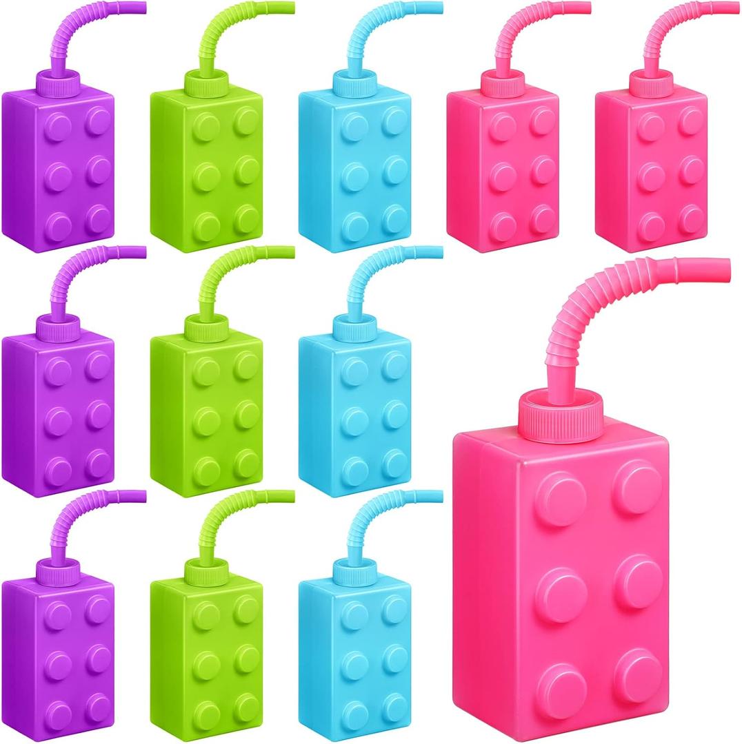 Mumufy 12 Sets Building Blocks Cups with Straw and Lids, 10 oz Reusable Kids Cup Brick Party Plastic Cups for Block Birthday Party Supplies Favors
