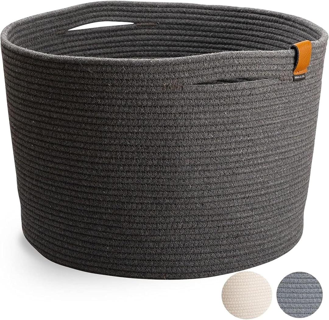 DENJA & CO Extra Large Blanket Basket for Living Room - Decorative Woven Baskets for Storage | Cotton Rope Large Baskets for Blankets, Pillows, Toys, or Laundry | Charcoal Gray (21" x 13.8") (Dark Grey)