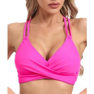Womens Twist Front V Neck Bikini Top Push Up Padded Swim Top Swimsuit Lace Up Criss Cross Back Bathing Suits Tops (Pink, M)