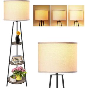 Floor Lamp, 3-Tier Round Corner Shelf Floor Lamp with 3 Dimmable Levels - Simple Standing Lamp with White Fabric Shade, Tall Modern Floor Lamps with Shelves for Bedroom, Living Room and Office (Black)