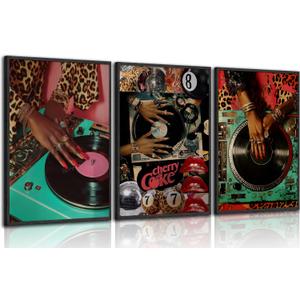 3Pcs Trendy Black Woman Wall Art Fashion Black Girl Leopard Picture Wall Decor Vintage Music DJ Record Aesthetic Poster African American y2k Art Painting Canvas Prints Artwork for Living Room Bedroom