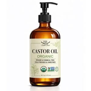 Castor Oil Organic Cold Pressed Unrefined Glass Bottle 100% Pure for Hair Growth Eyelashes Brows Castor Oil Packs, Natural Skin Moisturizer, USDA Certified Hexane Free Vegan 16 oz (473ml)