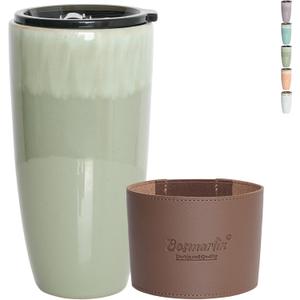Bosmarlin Ceramic Travel Coffee Cup with Lid, 21 oz, Portable Coffee Mug for Car Cup Holder, Microwave Safe, Reactive Glaze (Pale Green)