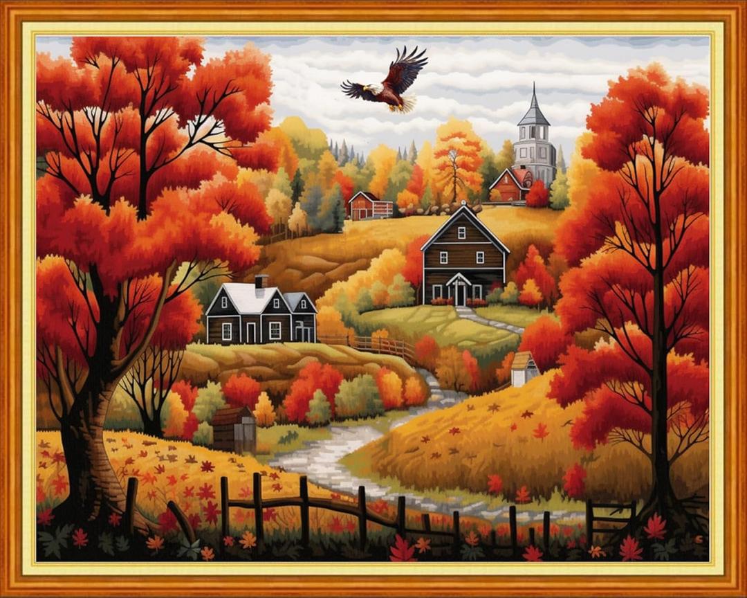 Findvoor Stamped Cross Stitch Kits for Beginner Embroidery Kits for Beginners Adults DIY 11CT Cross Stitch Patterns Needlepoint Kits Crossstitching Kits-Golden Autumn Home 16x20 inch (ArtworkColor44)