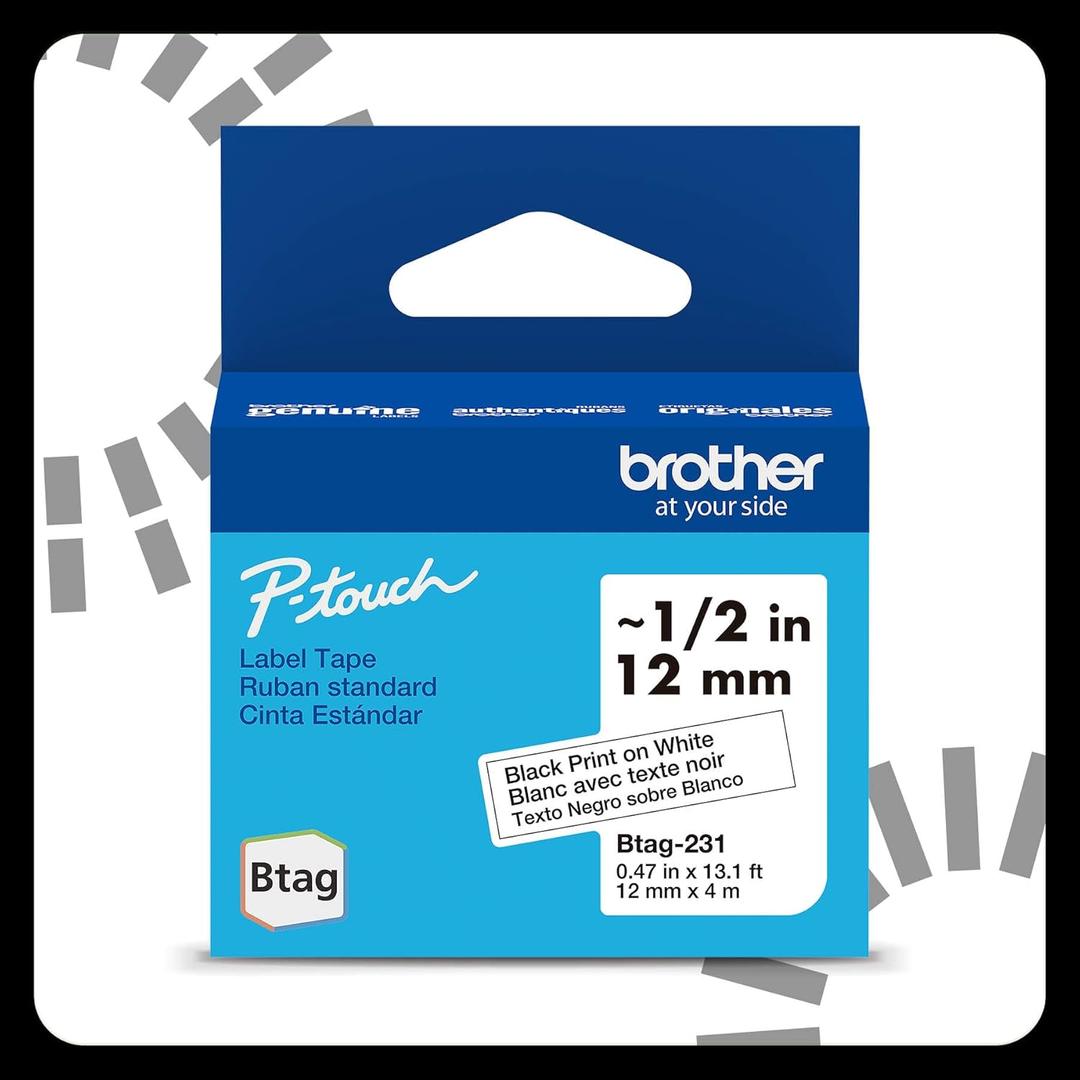 Brother Genuine P-Touch Btag BTAG231 Black on White Label Tape ~1/2in by 13.1ft (12mm x 4m)