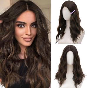 Brunette Highlight Wig 18 Inch Medium Length Wigs for Women Middle Part Synthetic Hair Wavy Wig with Upgraded Strands, Natural Hair Wigs for Daily Party/Halloween Use 18Inch,Brunette Highlight