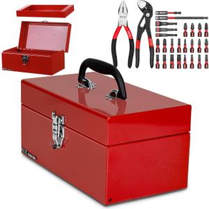 P.I.T. Small Tool Box 12 Inch,Portable Removable Tray Heavy Steel Box with 27PC Tool Kit,Red,Tool Storage, Lockable,Small Case for Household, Warehouse