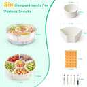Divided Serving Tray with Lid and Handle, Rounded Snackle Box with 6 Compartments and Chill Base for Fruits, Candy, Veggie, Travel Snack Container with Portable Insulated Bag & Ice Cube Tray & 5 Forks