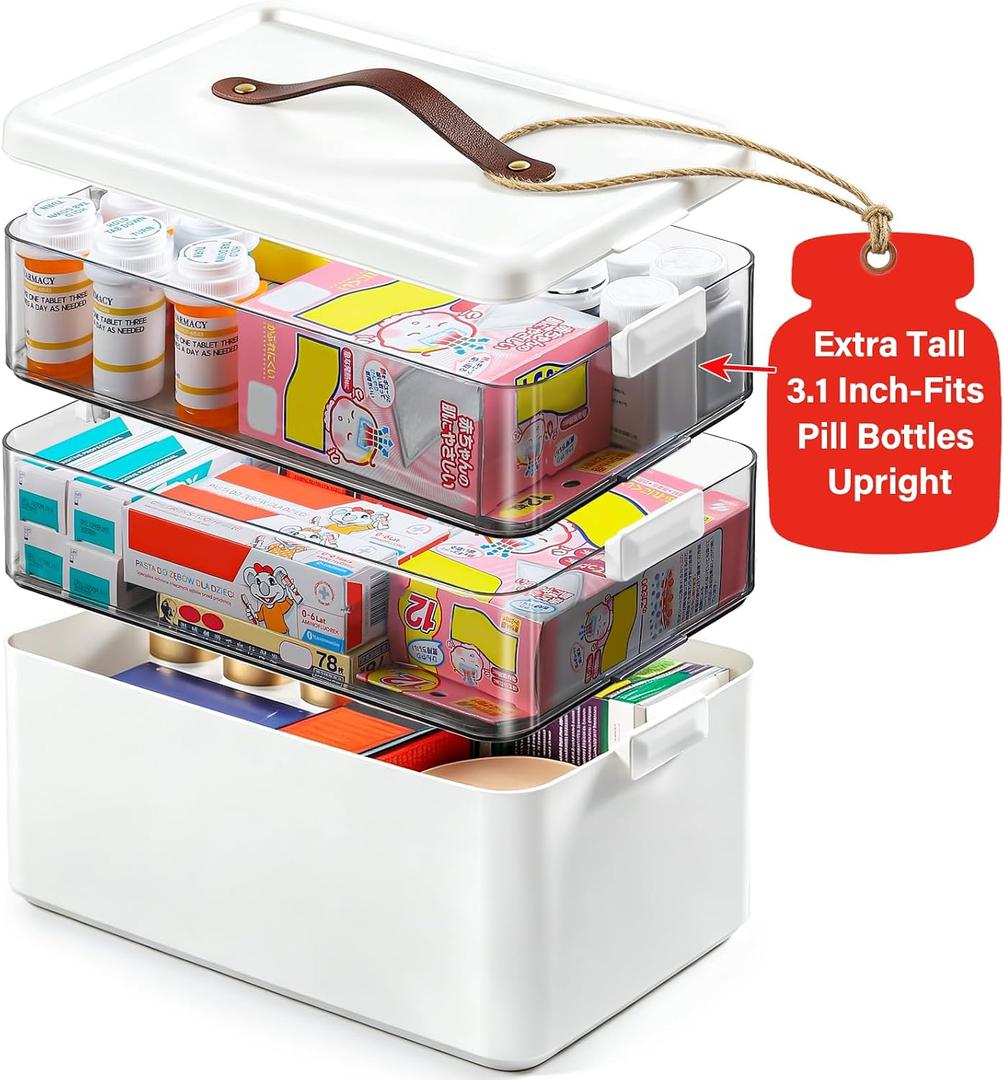 Homaigie Extra Tall 3-Tier Medicine Cabinet Organizer for Upright Medicine Bottles Organizer, Portable Medicine Storage Box with Leather Handle, Empty First Aid Kit Container for Home, Travel