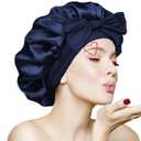 Silk Bonnet for Sleeping Women, Ajustable Hair Bonnet for Curly Hair with Tie Band Shower Caps Bark BlueLarge