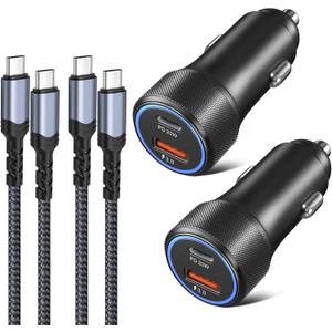 USB C Car Charger for iPhone 16, 36W 2 Pack Fast Charging Car Charger Adapter with PD&QC3.0 for iPhone 16 15 14 13, Galaxy S24/S23/S22, iPad Pro/Mini/Air, Google Pixel 6/5/4-6FT USB C-C Nylon Cable