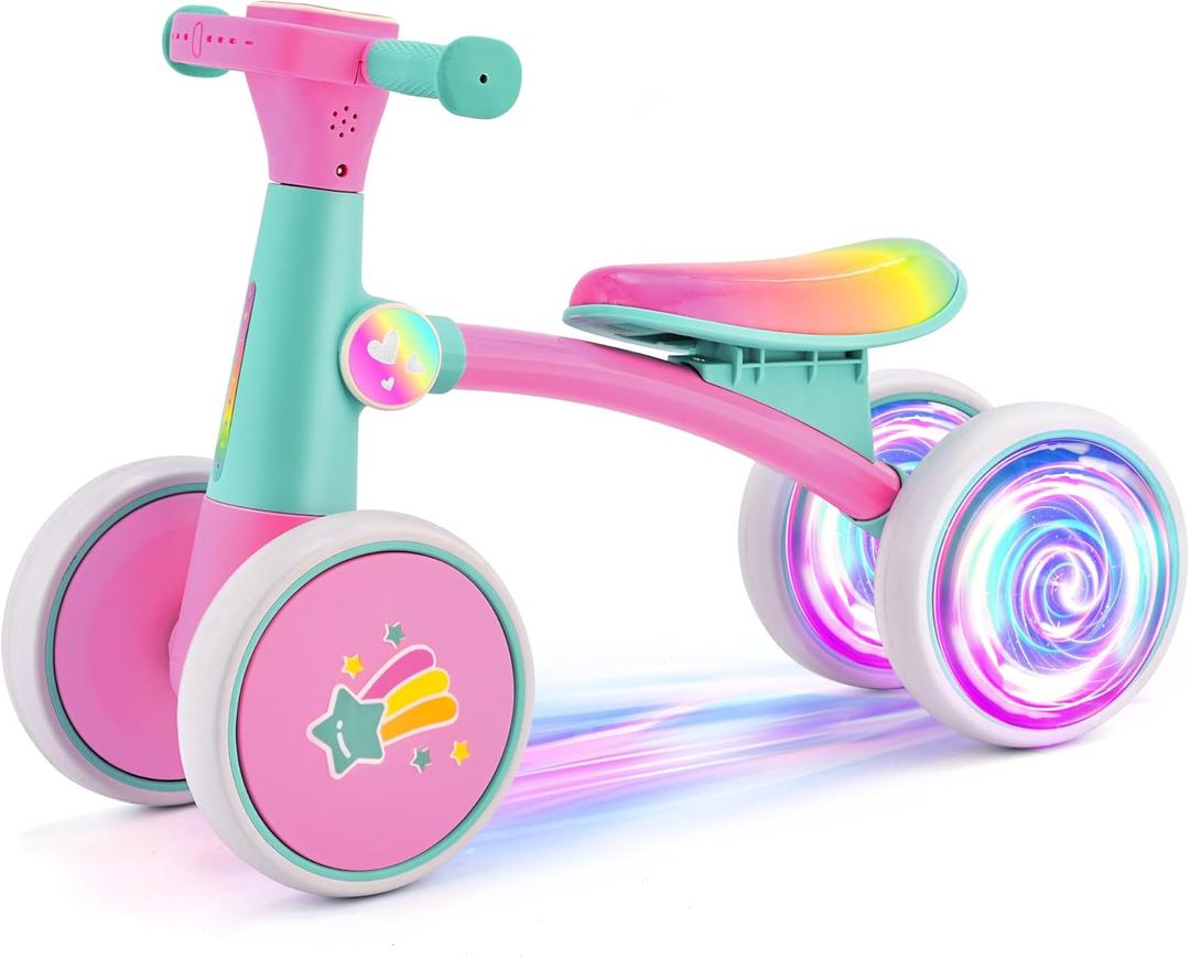 SULIFEEL Colorful Lighting Baby Balance Bike Toys for 1 Year Old Boy Girls with 4 Wheels 12-24 Months No Pedal Toddler Balance Bike, First Birthday Gift,Unicorn