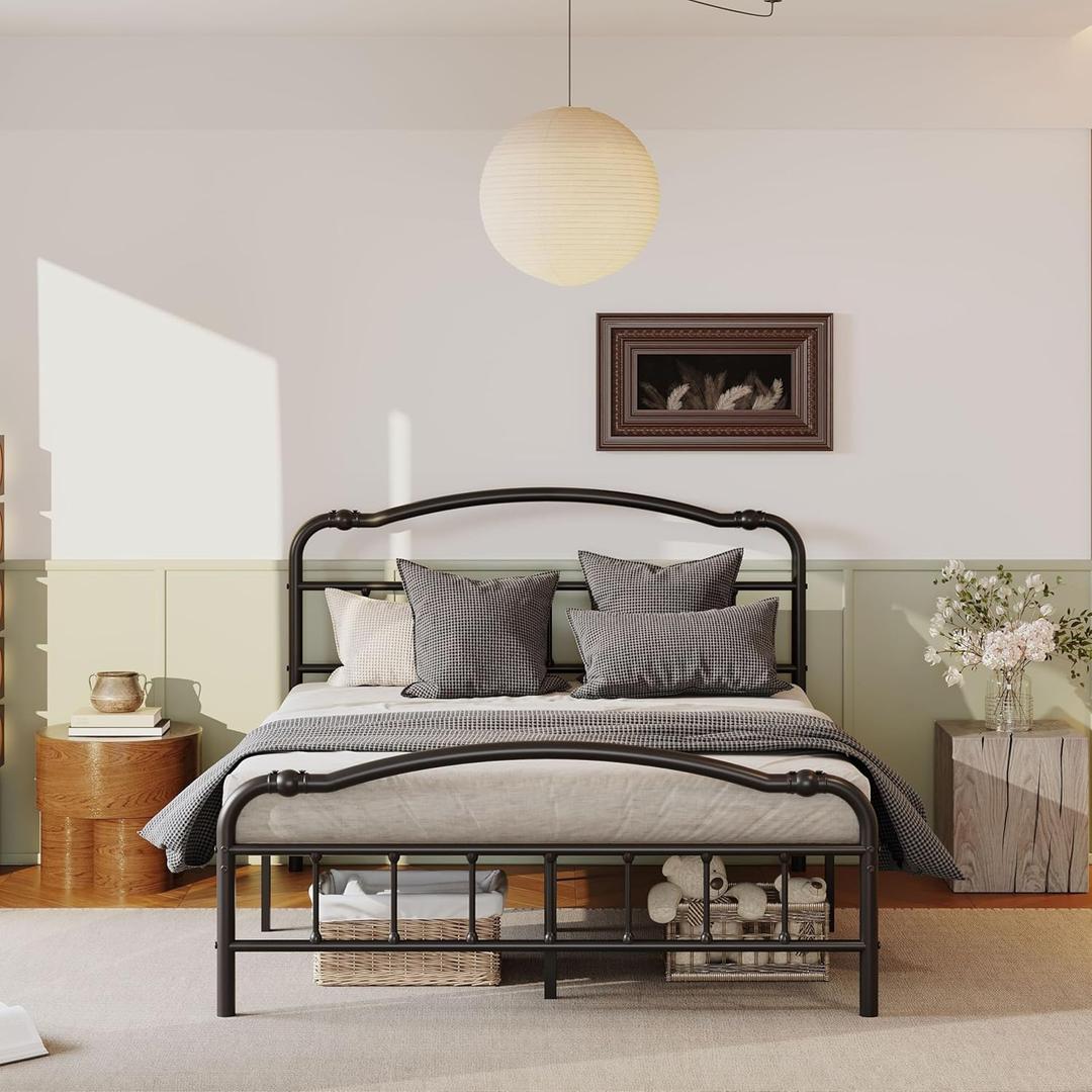 ZIYOO Vintage 14 Inch Full Metal Bed Frame with Victorian-Style Headboard & Footboard, Sturdy Platform Design, Under Bed Storage, No Box Spring Needed, Noise Free, Elegant Black