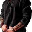 Men's Fashion Cotton Linen Shirt Long Sleeve Solid Color Ethnic Beach Yoga Top (Large, Black)