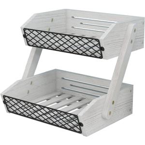 Dorhors Fruit Basket for Kitchen, 2 Tier Fruit Bowl,Kitchen Counter Organizer,Wooden Vegetable Holder for Countertop,Bread Storage Basket Stand (Rustic White)