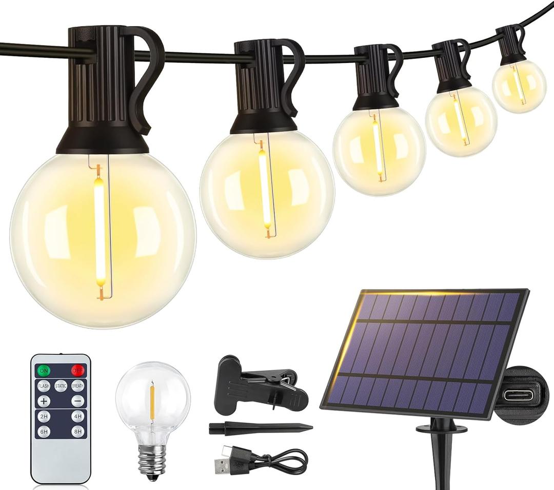 Larkvue 25FT Solar String Lights Outdoor with Remote, Waterproof Dimmable 3 Modes Patio Lights with 10+1 LED Shatterproof G40 Bulbs for Backyard-Black