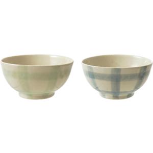 Creative Co-Op 2-Piece Hand-Painted Stoneware Bowl Set with Grid Pattern, White