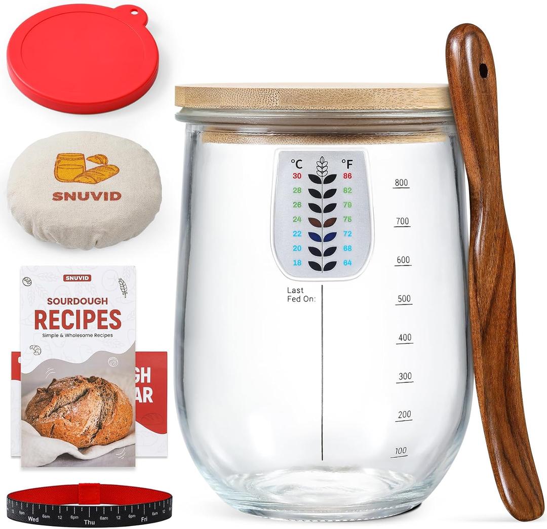 1 L (34 oz) Sourdough Starter Jar Kit, Wide Mouth Potbelly Crock - Glass Sour Dough Starter Bread Jar Set - Sourdough Baking Supplies - Sour Dough Bread Accessories Gifts for Sourdough Lovers