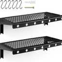 Floating Wall Shelves Set of 2, Black Floating Shelves,Wall-Mounted Bookshelf,Mesh Panel, Used in Living Room, Kitchen, Bathroom, Garage,Folding with Hooks.