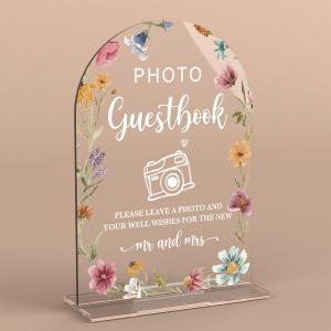 Acrylic Wedding Sign Photo Guestbook Signs for Ceremony Modern Calligraphy Arch Acrylic Table Top Signs for Wedding Reception and Event Party Table Decor (Wildflowers)