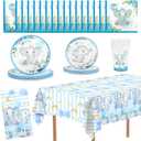 81 PCS Elephant Party Tableware Supplies, Disposable Blue Plates Cups Napkins Tablecloth Elephant Dinnerware Set for Anniversary Baby Shower Birthday Party Thanksgiving Christmas Decor, Serves 20