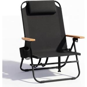 Cansky Portable Beach Chair for Adults, Outdoor Lightweight Camping Chair with Wooden Desgin Armrests, 5-Position Reclining Flat Lay, Cup Holder, Zipper Pouch, Backpack Design, No Towel Rack, Black, 24.5 inches x 24 inches x 31.5 inches