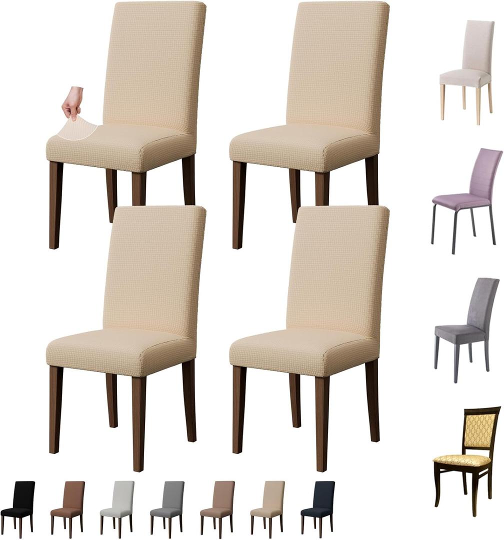 Chair Covers for Dining Room Set of 4, Washable Parson Chairs Slipcover Kitchen Seat Protector for Home, Party, Hotel, Banquet (Beige)