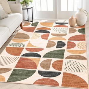 MUJOO Boho Rug Washable, 4x6.5 Area Rugs for Bedroom Living Room Bedside Office, Throw Floor Carpet Non Slip Soft Indoor Modern Abstract Bohemian Terracotta (4' x 6'6" (Rectangular), Rust and Brown)