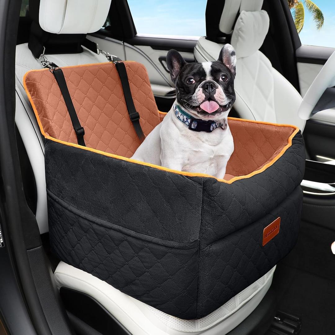 HEGGCOOE Small Dog Car Seat, Memory Foam Dog Booster Seats with Thick Cushion for Medium Dogs Under 35lbs, Detachable Washable Pet Car Seat Travel Bed with Storage Pockets,2 Safety Belts (Black+brown)