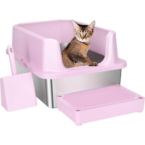 RIZZARI Open Cat Litter Box: Large Pink Stainless Steel Litter Pan with Teflon Non-Stick Coating - High Sided Splash-Proof Easy Clean Toilet for Cats up to 20 lbs - Ideal for Living Rooms - Apartments