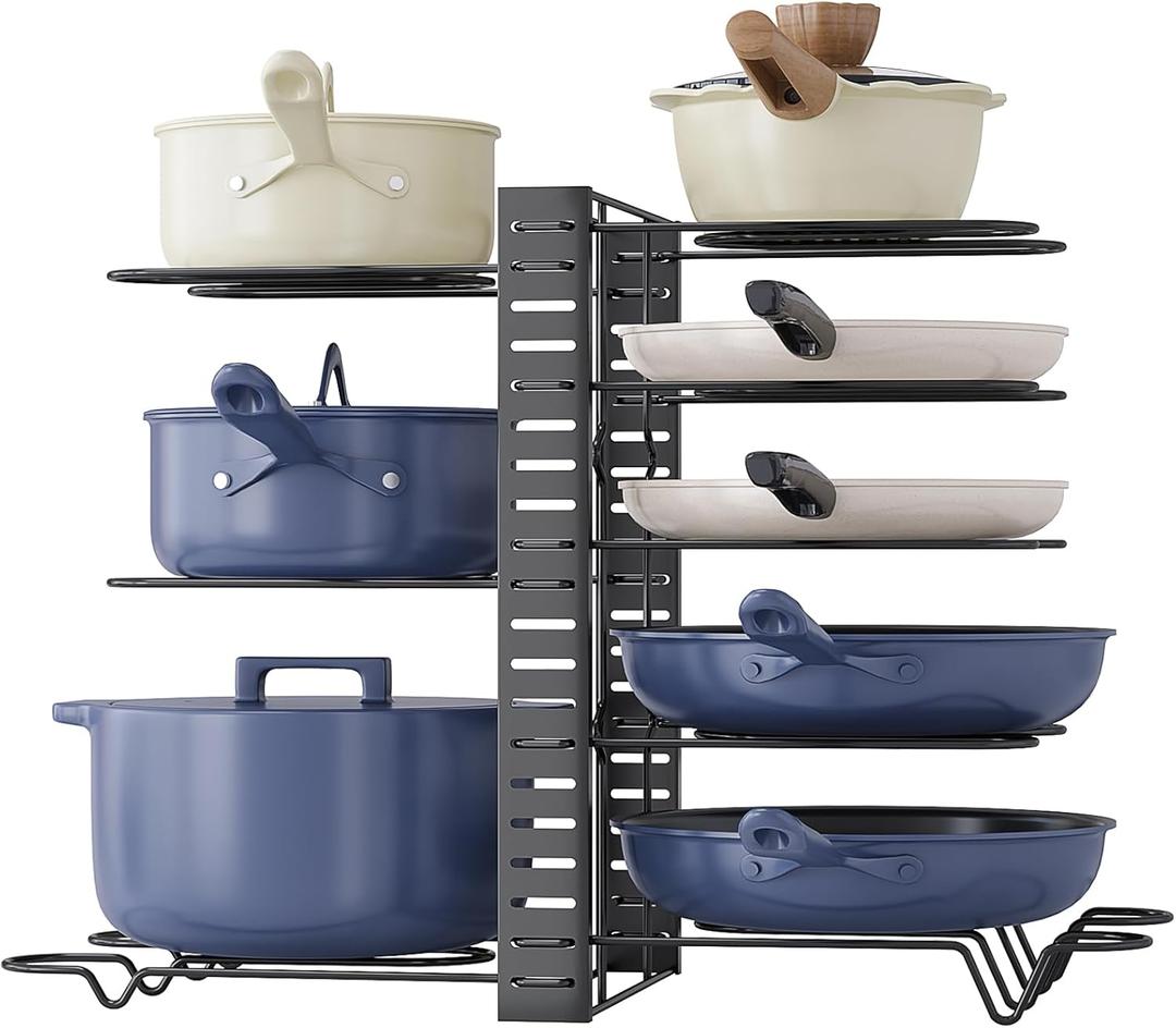 Pots and Pans Organizer for Cabinet 16.61 Height, 8 Tier Pot Organizers Rack with 3 DIY Methods, Adjustable Pan Organizer under Cabinet Kitchen Organization and Storage (Black)